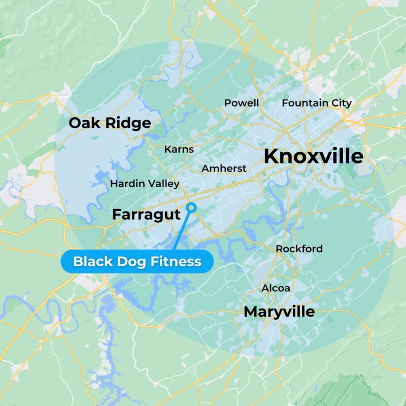 MovementX physical therapy in knoxville tennessee location services coverage map including black dog fitness in farragut