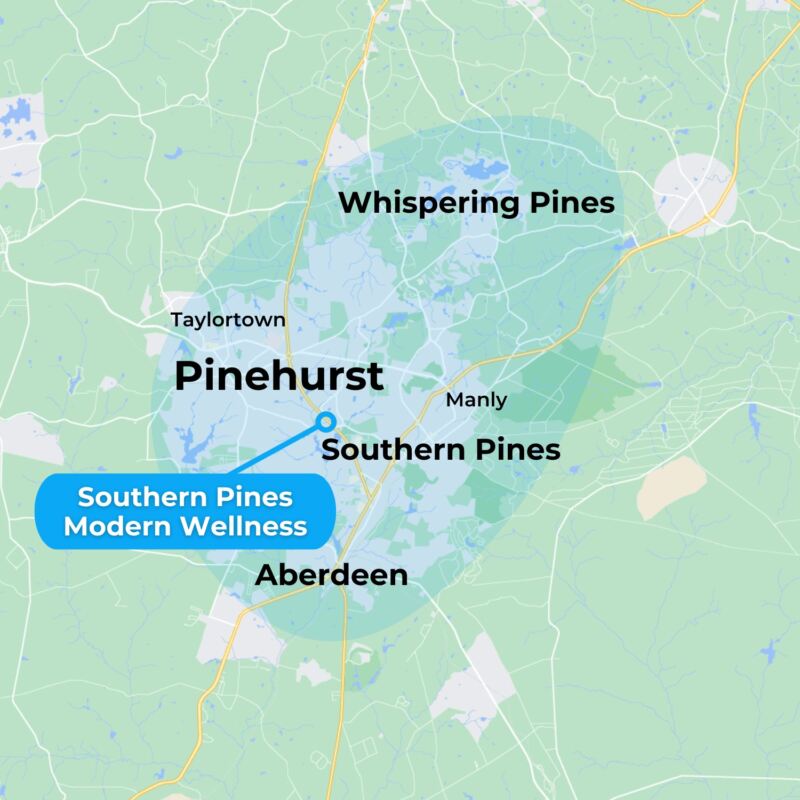 MovementX physical therapy in pinehurst services locations map featuring several cities including pinehurst, aberdeen, whispering pines, and southern pines