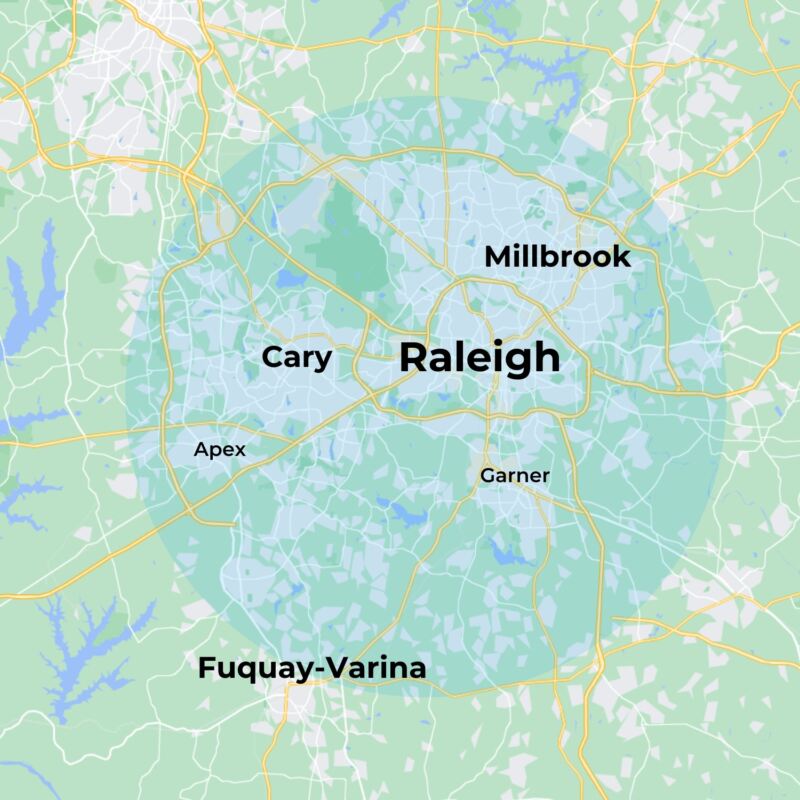 MovementX physical therapy in raleigh services locations map featuring several cities including millbrook, cary, apex, and garner north carolina