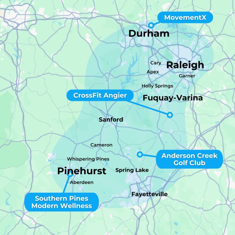 A map showing the locations served in Central North Carolina for in home physical therapy with MovementX in Pinehurst, Raleigh, Durham, and Fuquay-Varina