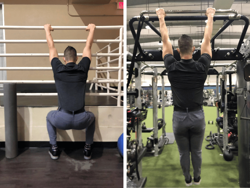 Dr. Dan Alcorn performing two variants of the pull up hold. One with his feet on the ground, the other fully hanging.