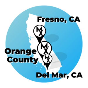 A map of MovementX physical therapy in california services including fresno, clovis, orange county, irvine, costa mesa, huntington beach, del mar, and san diego