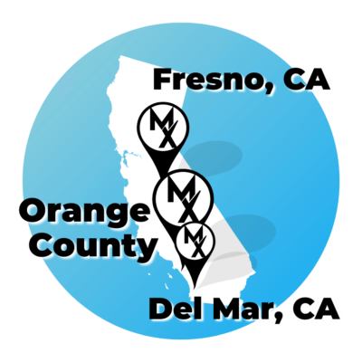 A map of MovementX physical therapy in california services including fresno, clovis, orange county, irvine, costa mesa, huntington beach, del mar, and san diego