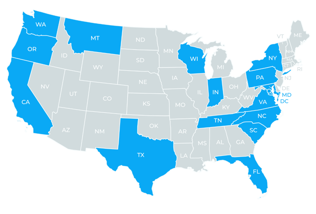 US Map Highlighting which states MovementX provides physical therapy services in blue color