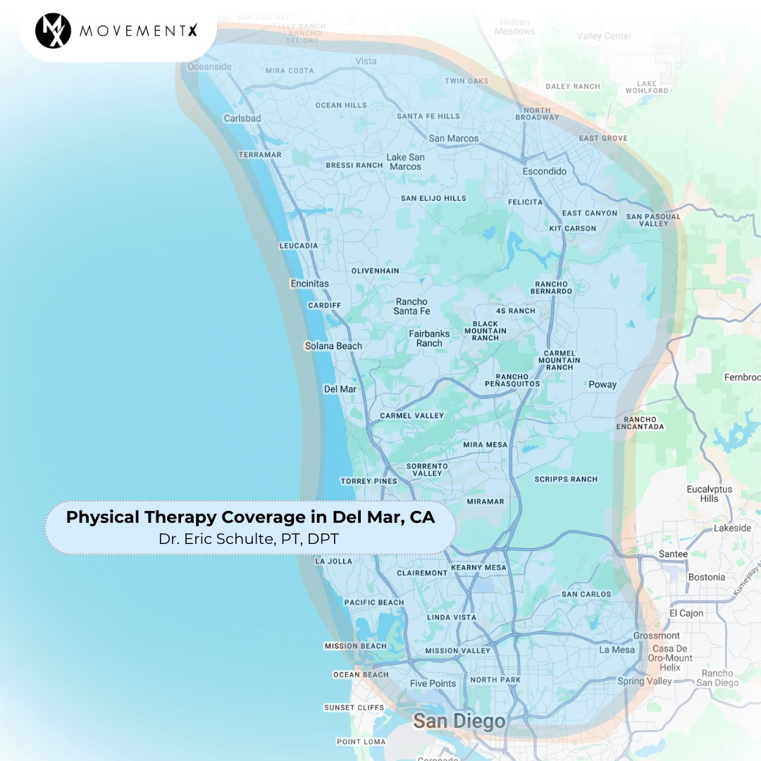 Eric Schulte coverage map of MovementX physical therapy in Del Mar California