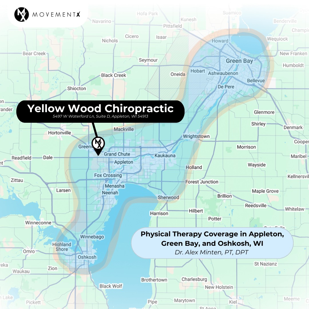 Alex Minten coverage map of MovementX physical therapy in Appleton Wisconsin