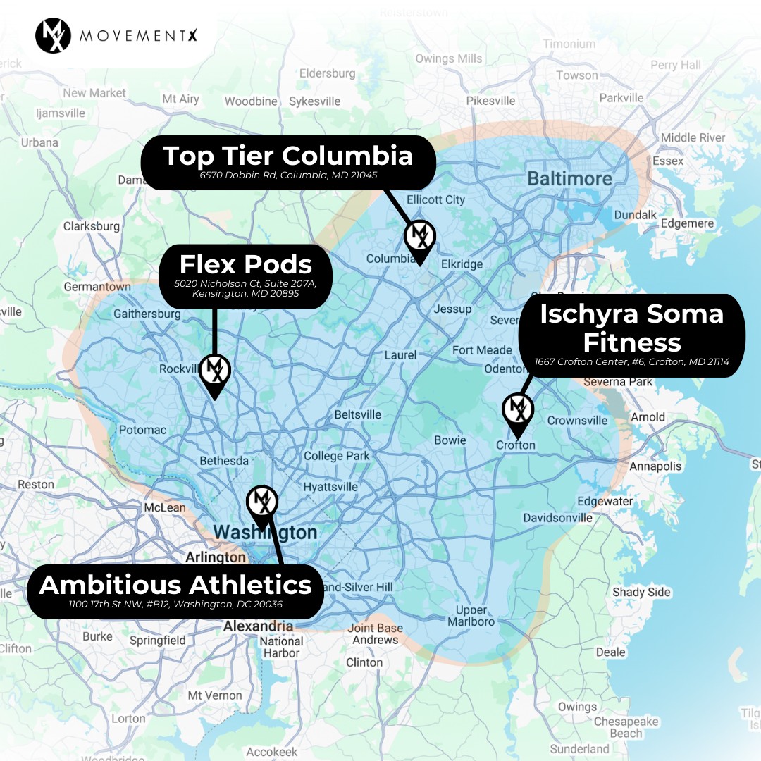 Coverage map of MovementX physical therapy in Maryland