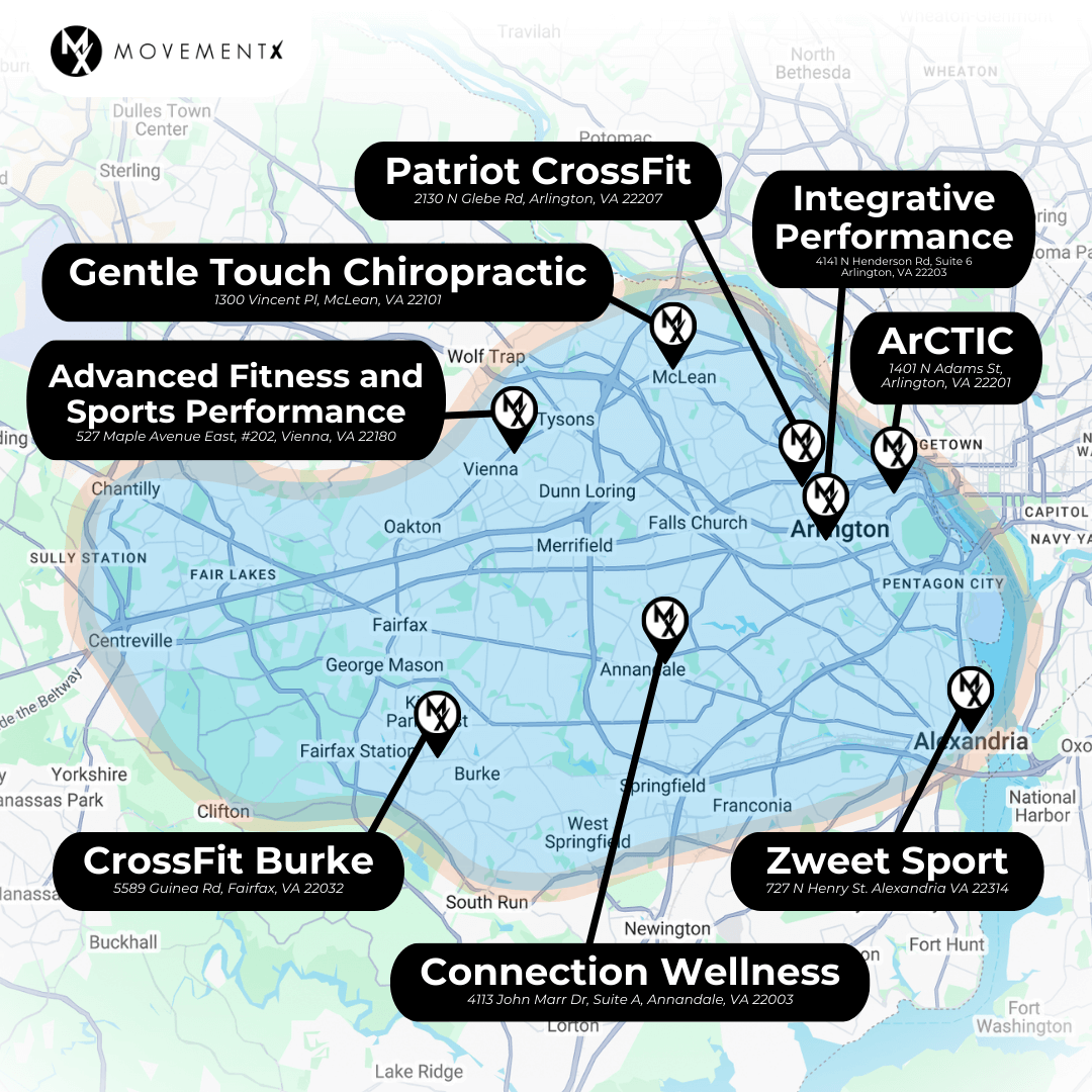 Coverage map of MovementX physical therapy in Northern Virginia