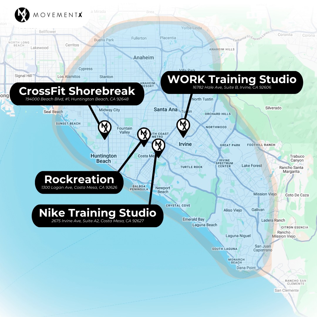 Coverage map of MovementX physical therapy in Orange County California