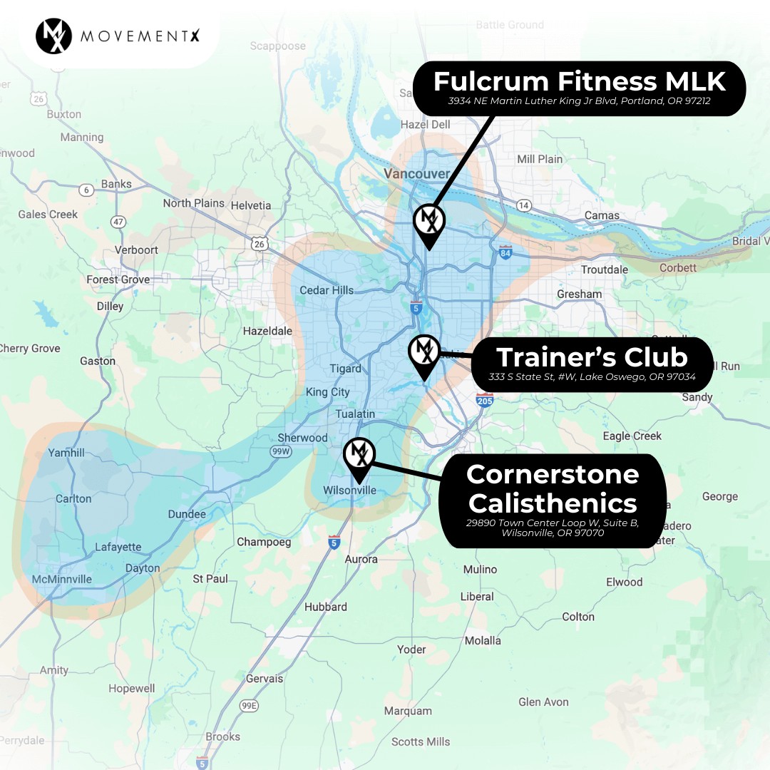 Coverage map of MovementX physical therapy in Portland, Oregon