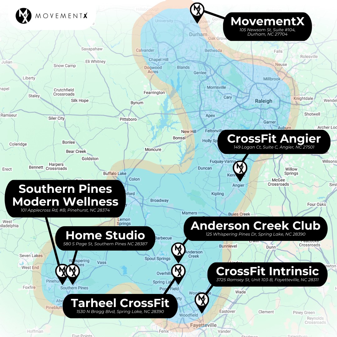 Coverage map of MovementX physical therapy in North Carolina