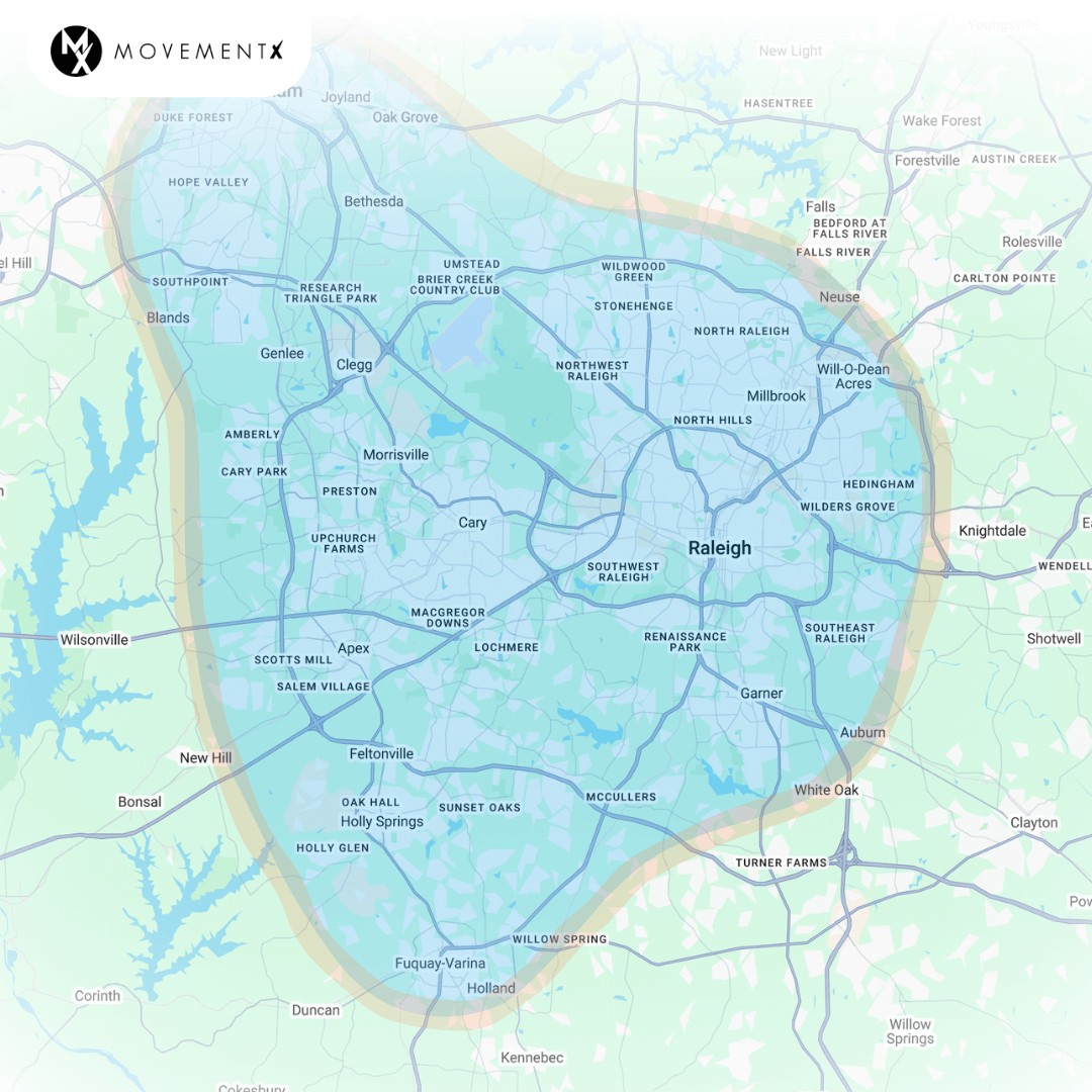 Coverage map of MovementX physical therapy in Raleigh North Carolina