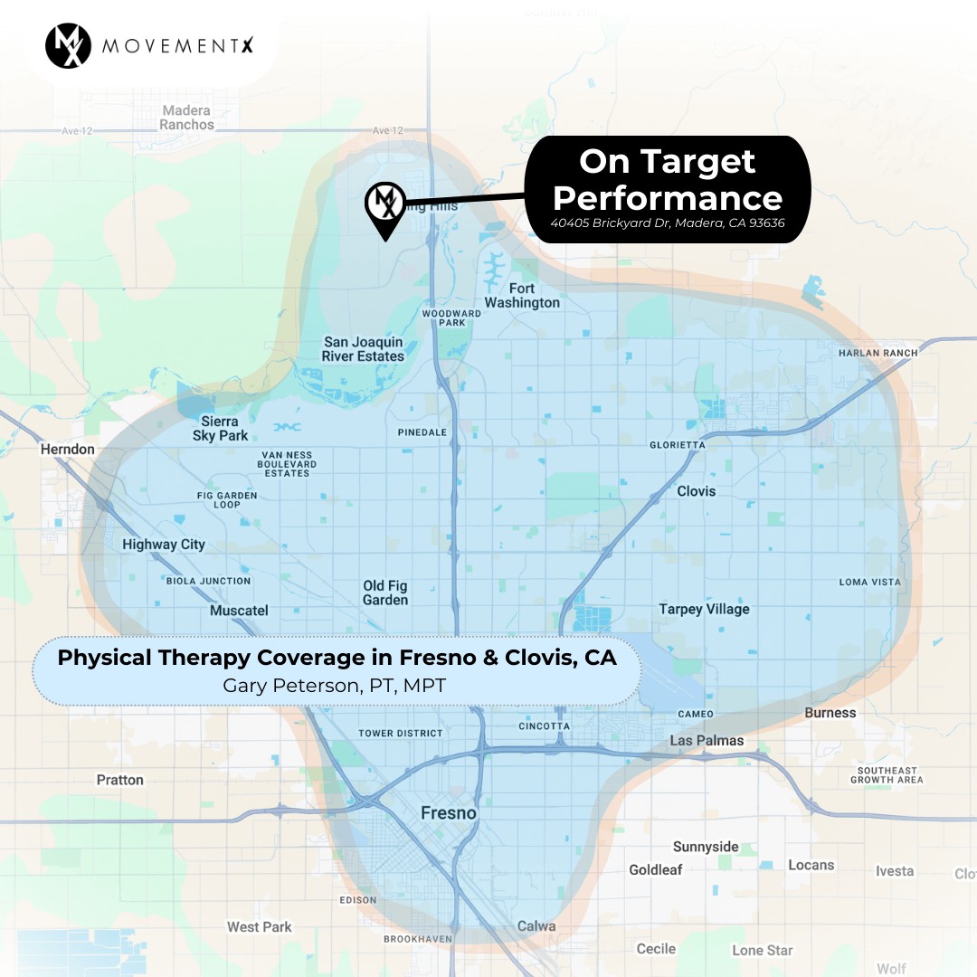 Gary Peterson coverage map of MovementX physical therapy in Fresno and Clovis California