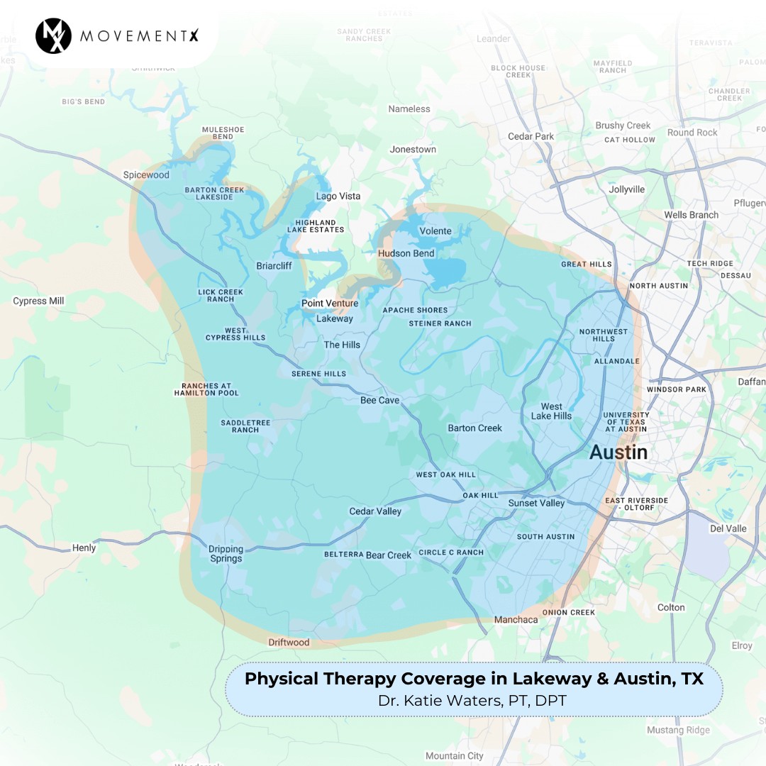 Katie Waters coverage map of MovementX physical therapy in Lakeway Texas