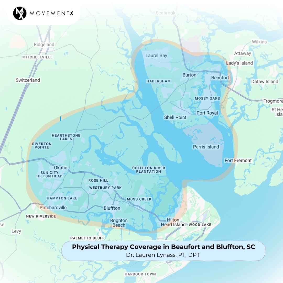 Lauren Lynass coverage map of MovementX physical therapy in Beaufort and Bluffton South Carolina