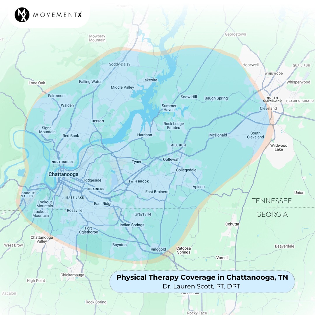 Lauren Scott coverage map of MovementX physical therapy in Chattanooga Tennessee