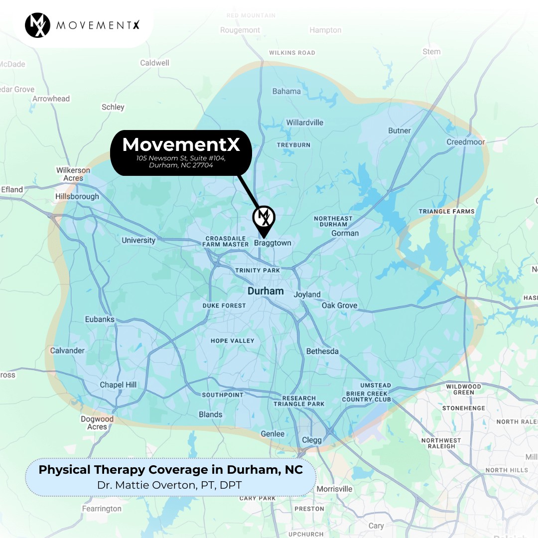 Mattie Overton coverage map of MovementX physical therapy in Durham North Carolina