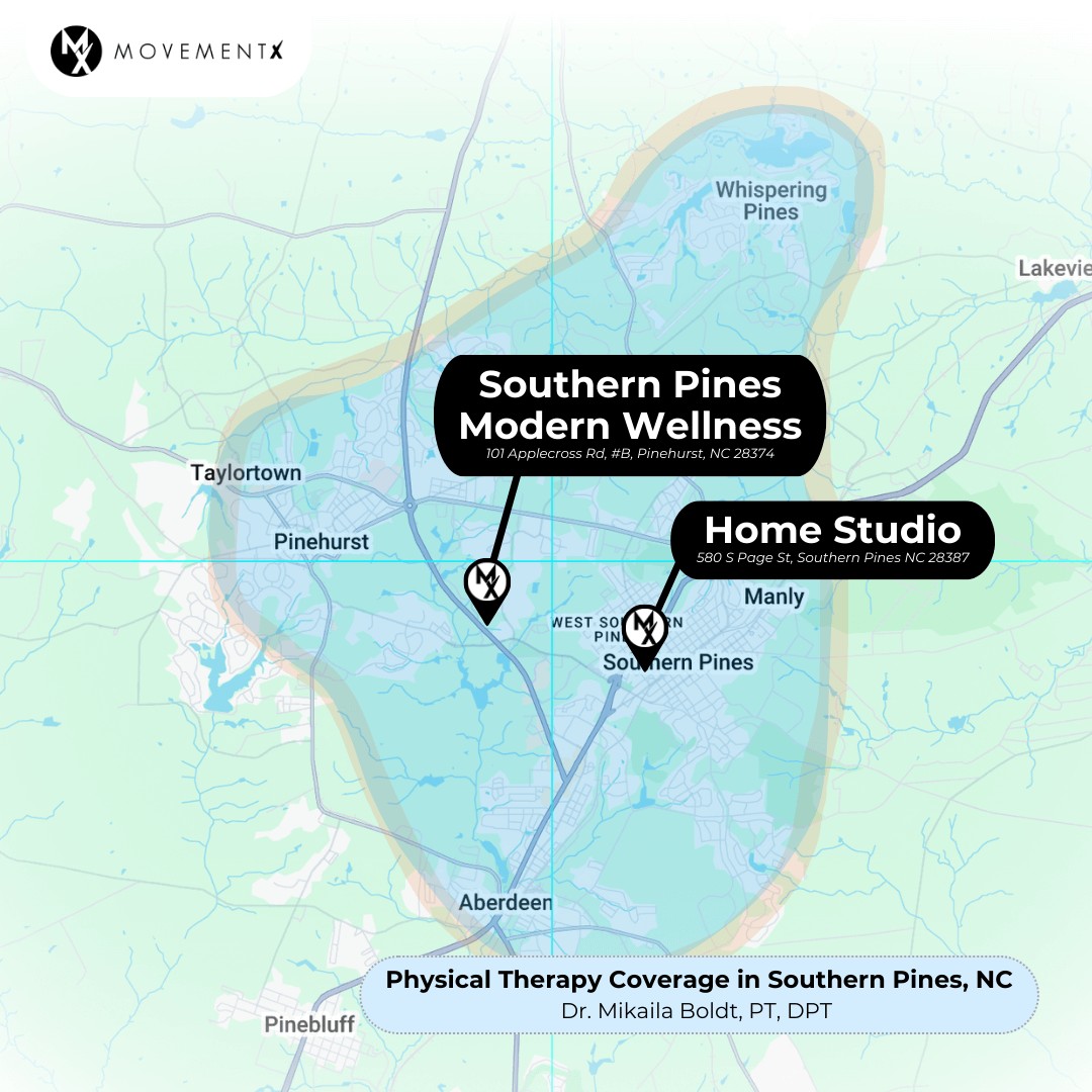 Mikaila Boldt coverage map of MovementX physical therapy in Southern Pines North Carolina