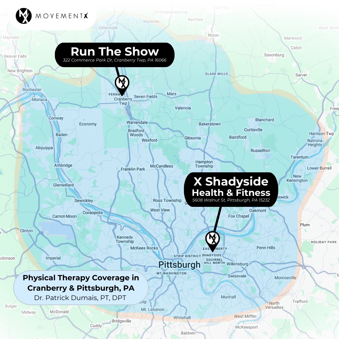 Patrick Dumais coverage map of MovementX physical therapy in Pittsburgh and Cranberry Pennsylvania