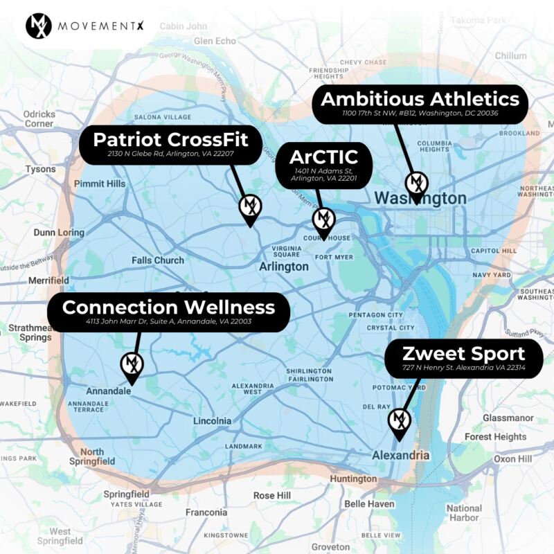 Personal Training coverage map of MovementX in Washington DC and Virginia