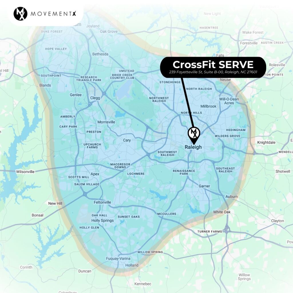 Coverage map of MovementX physical therapy in Raleigh North Carolina