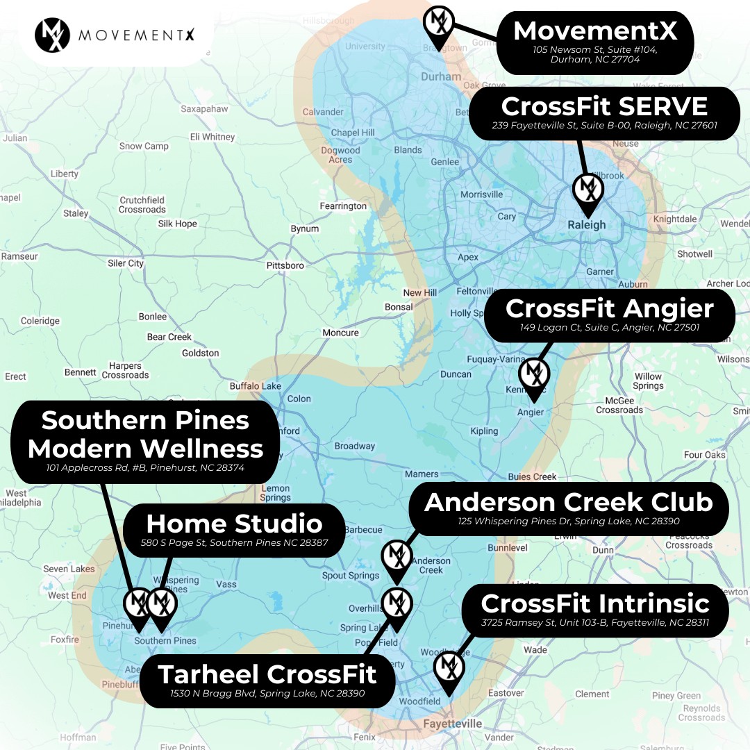 Coverage map of MovementX physical therapy in Central North Carolina