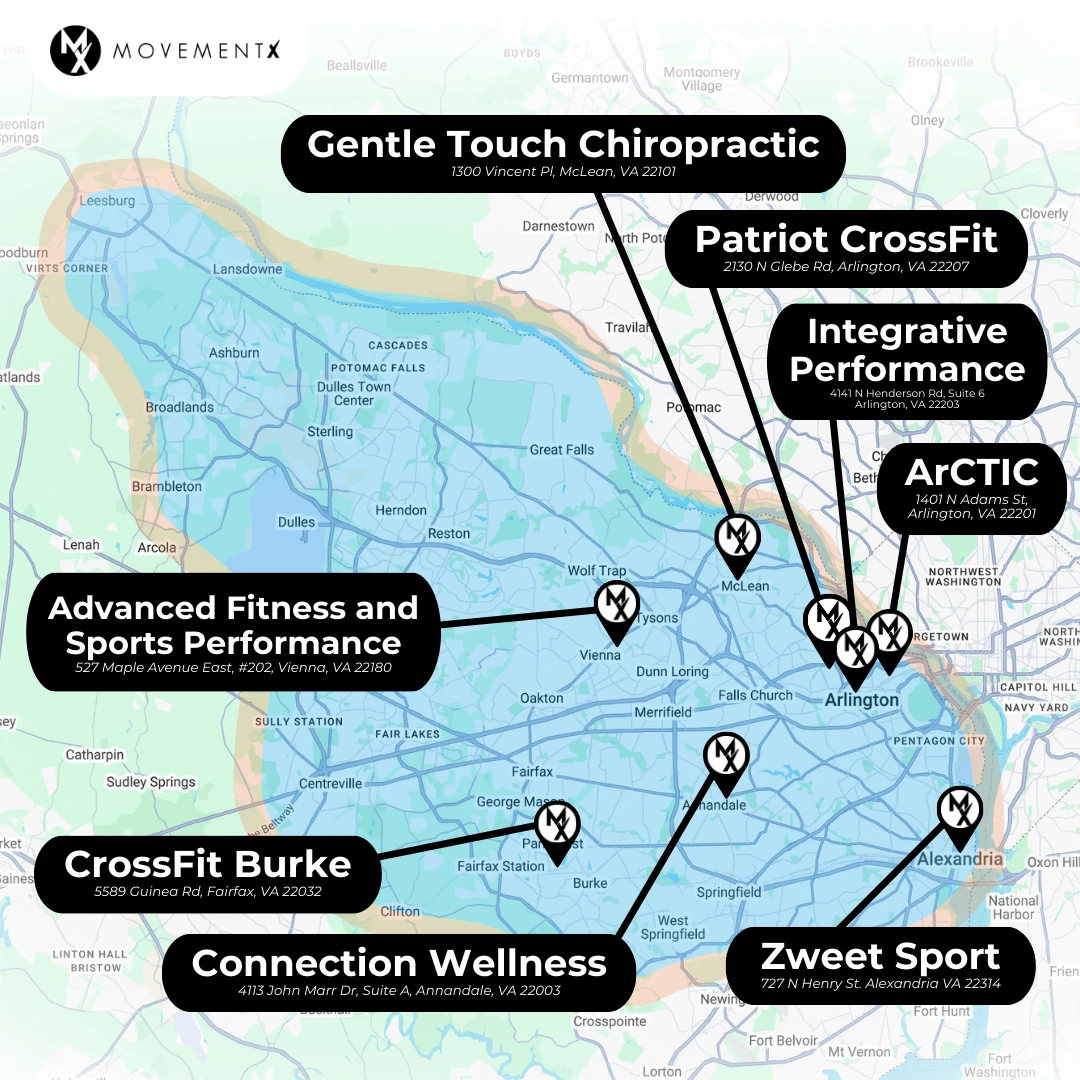 Coverage map of MovementX physical therapy in Virginia