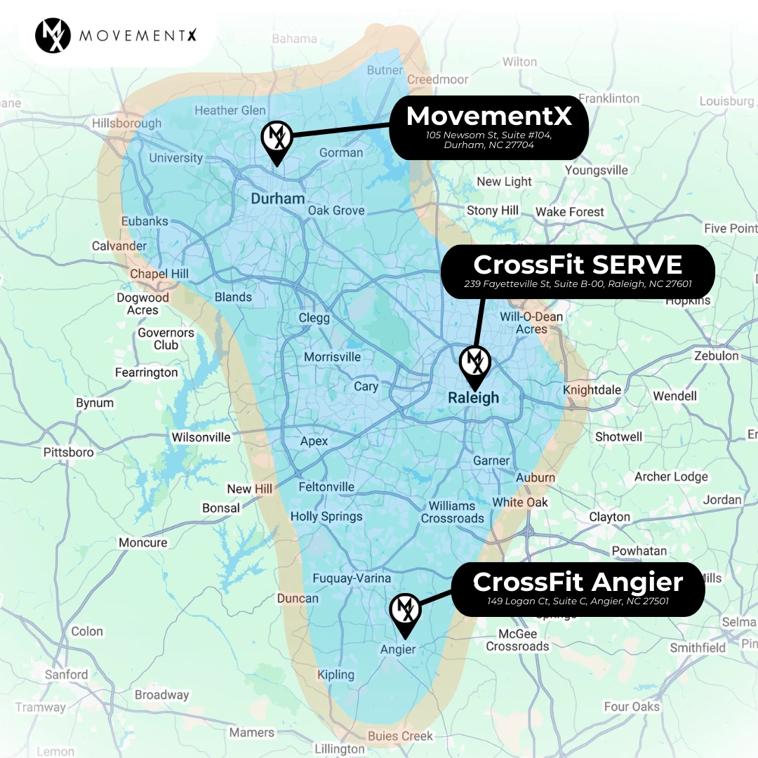 Coverage map of MovementX physical therapy in Raleigh-Durham North Carolina