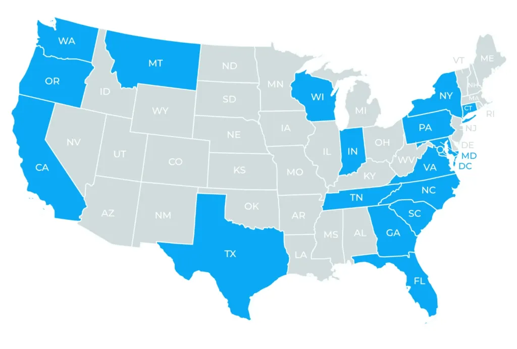 US Map Highlighting which states MovementX provides physical therapy services in blue color