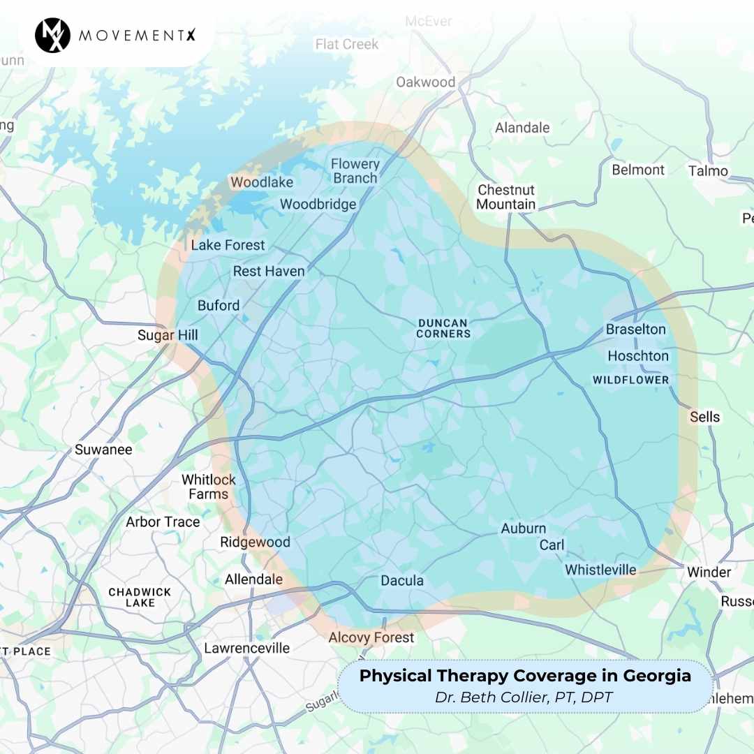 Beth Collier coverage map of MovementX physical therapy in Georgia Treatment map and area for Beth Collier, PT, DPT with MovementX in the Beaufort, Georgia area.