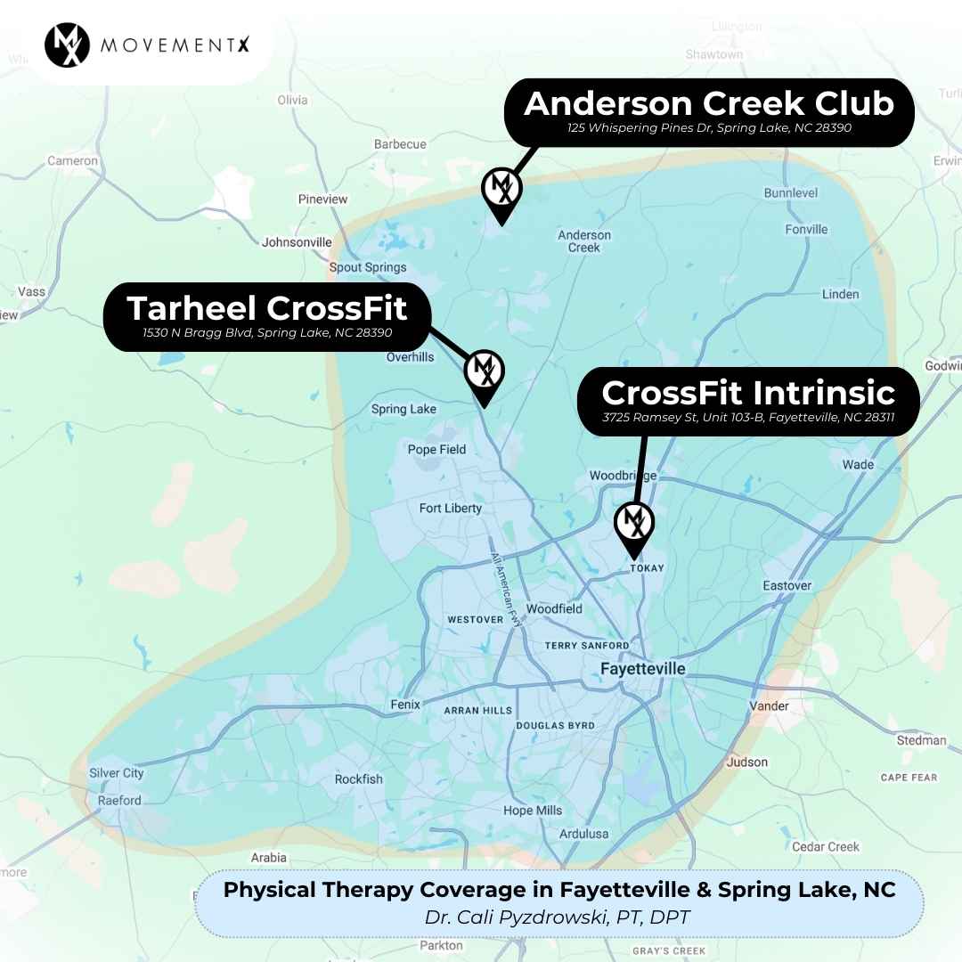 Cali Pyzdrowski coverage map of MovementX physical therapy in Fayetteville North Carolina Treatment area map for Cali Pyzdrowski, PT, DPT, provider with MovementX in the Fayetteville, North Carolina region.