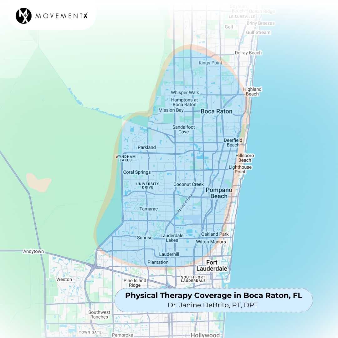 Janine DeBrito coverage map of MovementX physical therapy in Boca Raton Florida