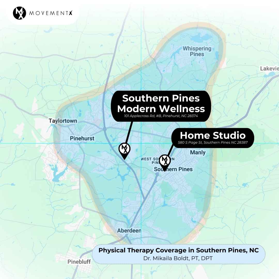 Mikaila Boldt coverage map of MovementX physical therapy in Southern Pines North Carolina Treatment area map for Dr. Mikaila Boldt, physical therapist with MovementX in North Carolina.