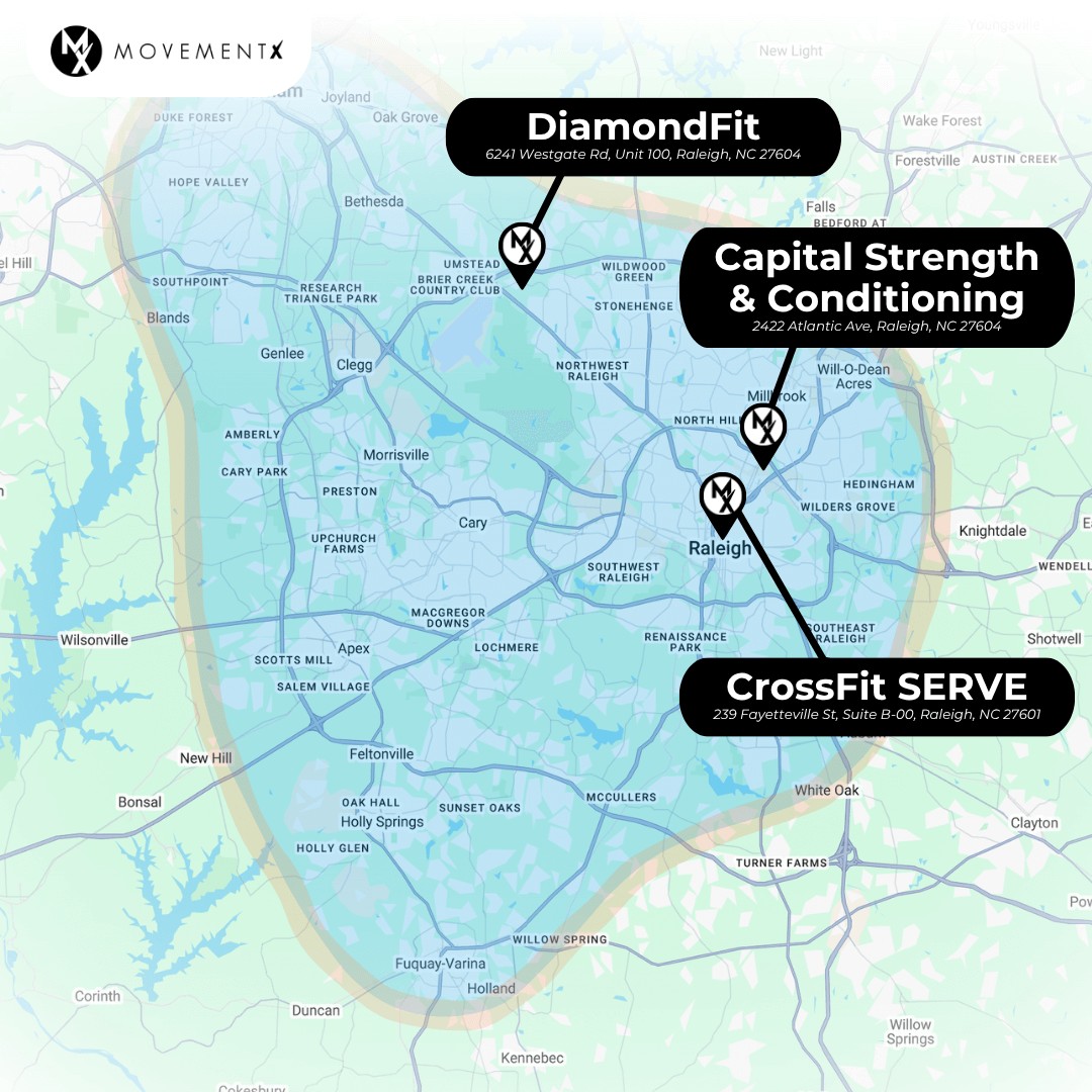 Coverage map of MovementX physical therapy in Raleigh North Carolina (5) (1) Coverage map of MovementX physical therapy in Raleigh North Carolina