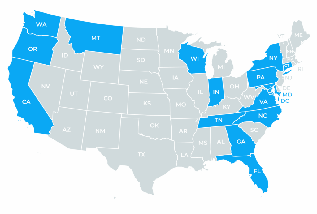 US Map Highlighting which states MovementX provides physical therapy services in blue color