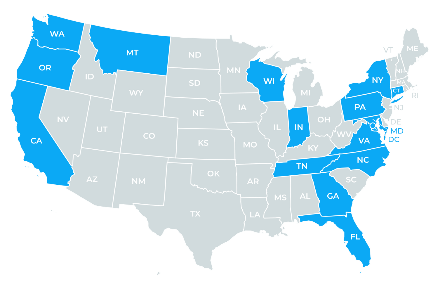 US Map Highlighting which states MovementX provides physical therapy services in blue color