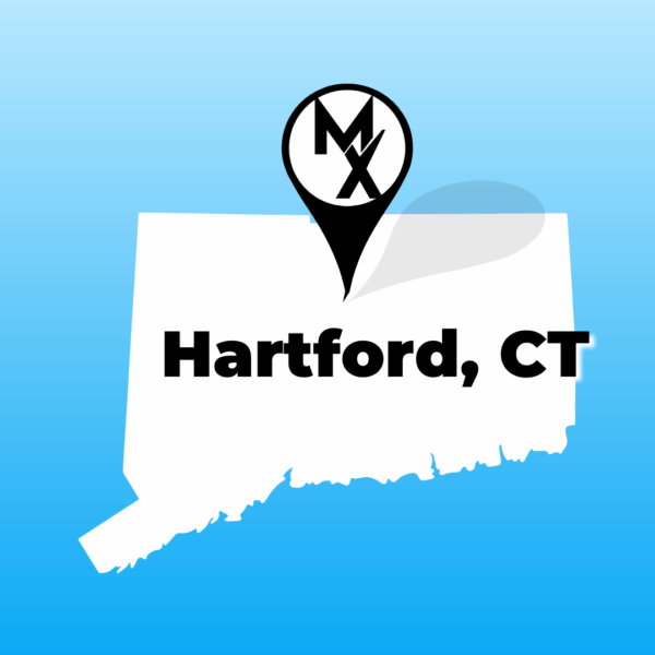 A map graphic showing available physical therapy jobs in hartford connecticut with MovementX