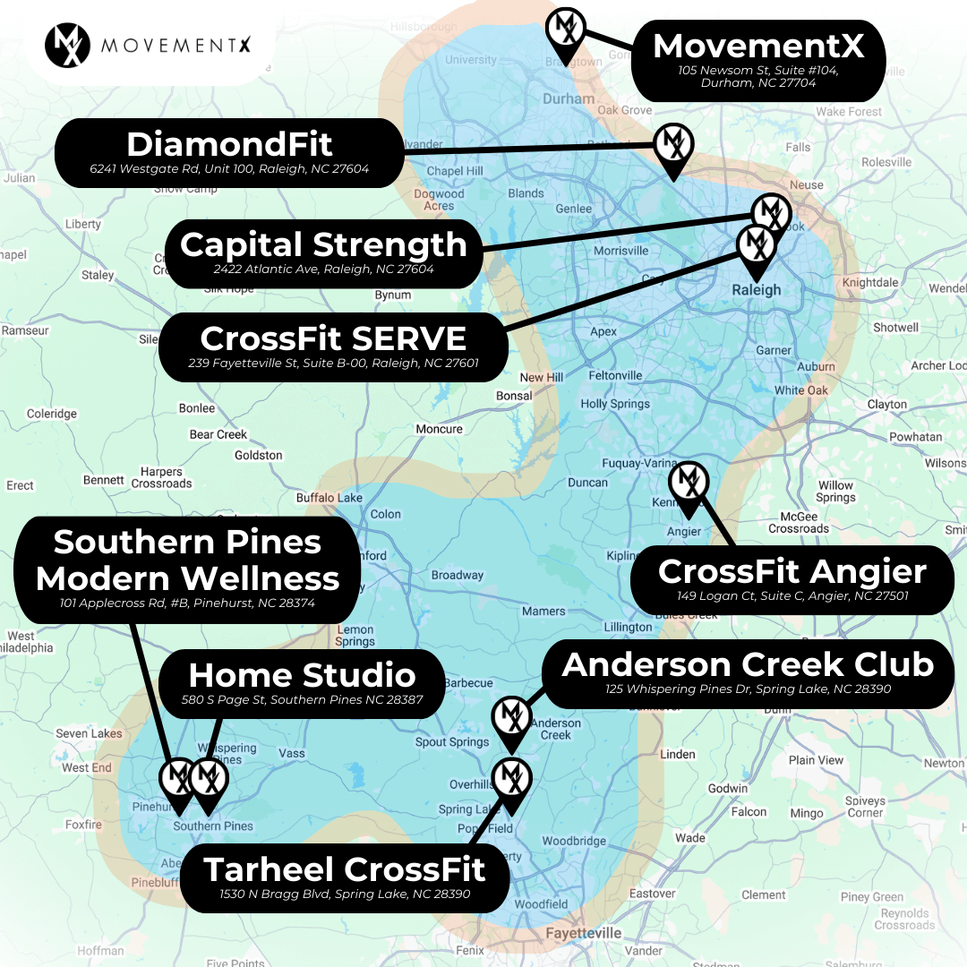 Coverage map of MovementX physical therapy in Raleigh North Carolina (6) (1) Coverage map of MovementX physical therapy in central North Carolina