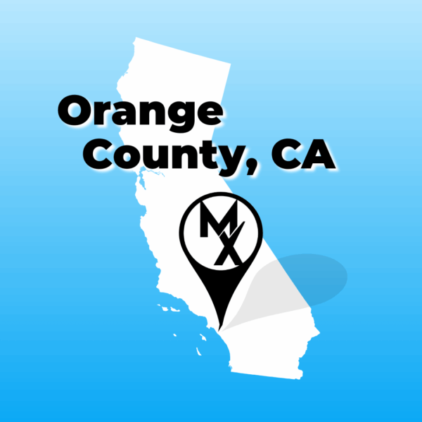 A map graphic showing available physical therapy jobs in orange county, california with MovementX