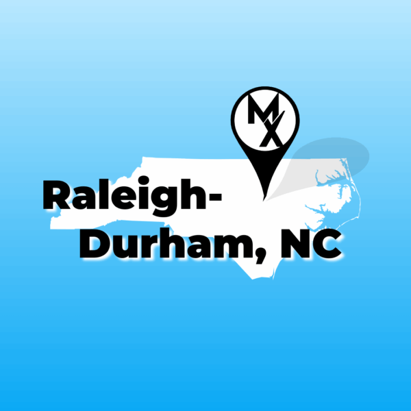 A map graphic showing available physical therapy jobs in raleigh-durham north carolina with MovementX