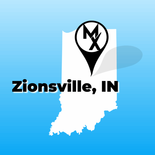 A map graphic showing available physical therapy jobs in zionsville indiana with MovementX
