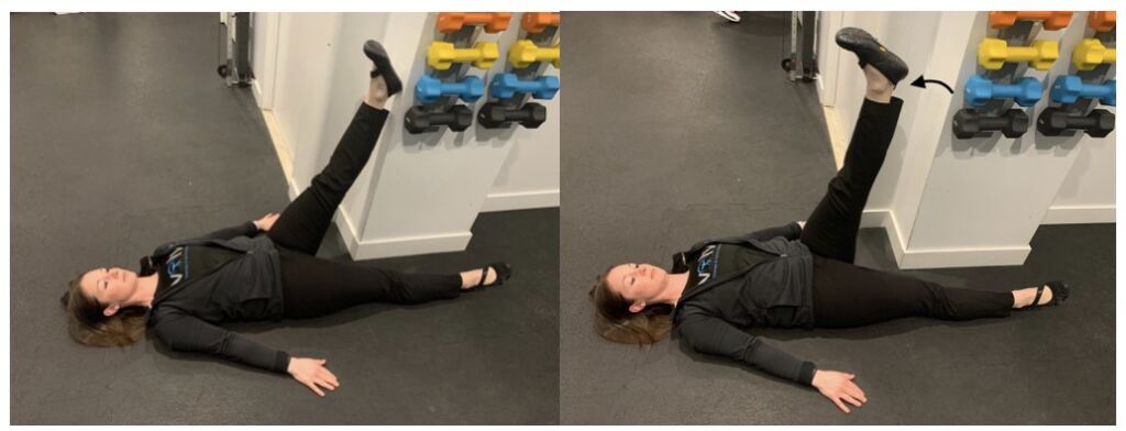 Jillian Chiappisi, PT, DPT demonstrating how to do a hamstring extension motion in a side by side photo.