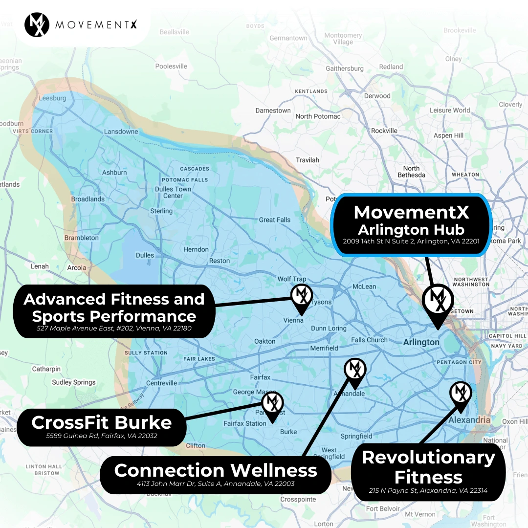 Coverage map of MovementX physical therapy in Northern Virginia