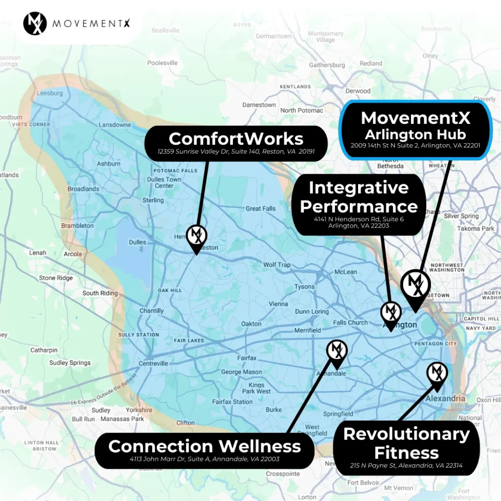 Coverage map of MovementX physical therapy in Arlington Virginia