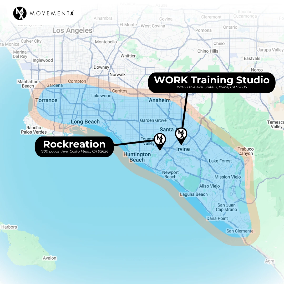 Coverage map of MovementX physical therapy in Orange County California