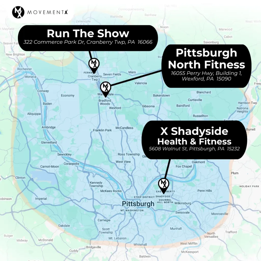 Coverage map of MovementX physical therapy in Pittsburgh and Cranberry and Wexford Pennsylvania
