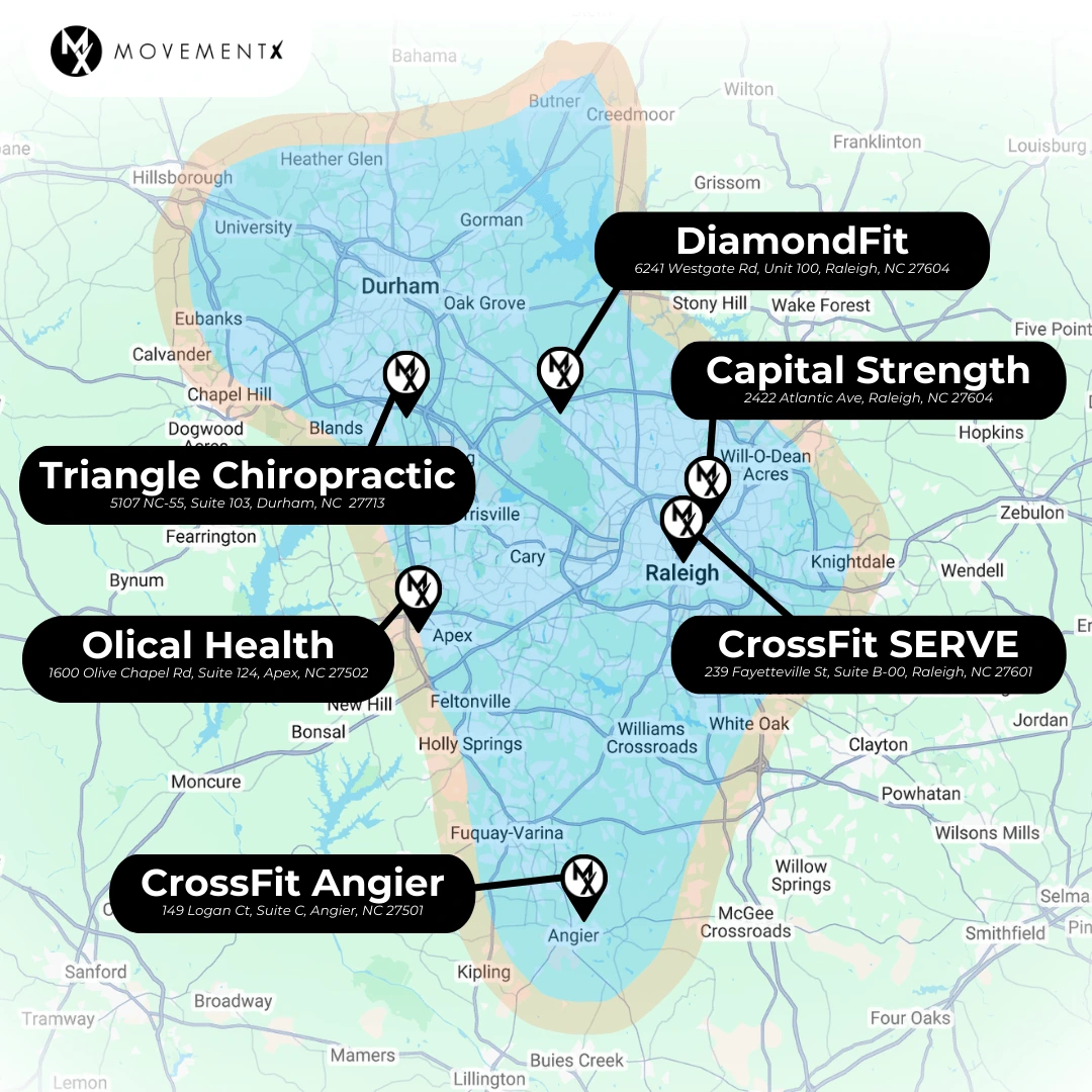 Coverage map of MovementX physical therapy in Raleigh-Durham North Carolina