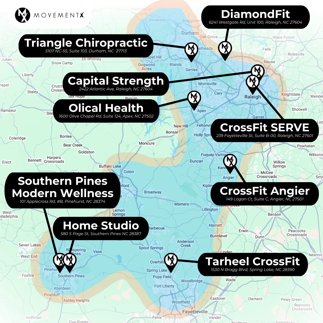 Coverage map of MovementX physical therapy in North Carolina