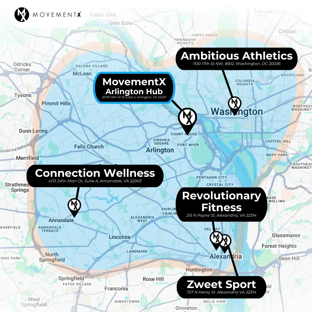 Personal Training coverage map of MovementX in Washington DC and Virginia (3) Personal Training coverage map of MovementX in Washington DC and Virginia