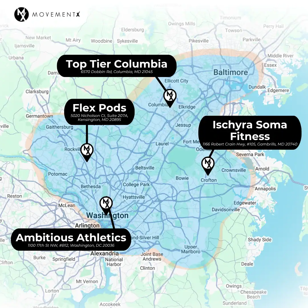 Coverage map of MovementX physical therapy in Maryland